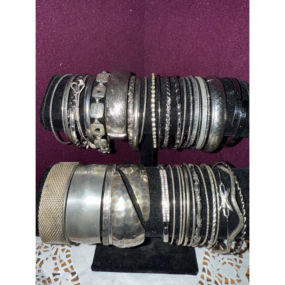 Huge Antique Vintage Jewelry Lot Silvertone Bangle Bracelets Hinged Etched 39 pc